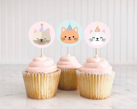 Cat Party Cupcakes, Cat Themed Cupcakes, Cat Party Food, Cat Cupcake Toppers, Cat Themed Party, Cupcake Cat, Paw Cake, Pet Adoption Party, Cupcake Toppers Template