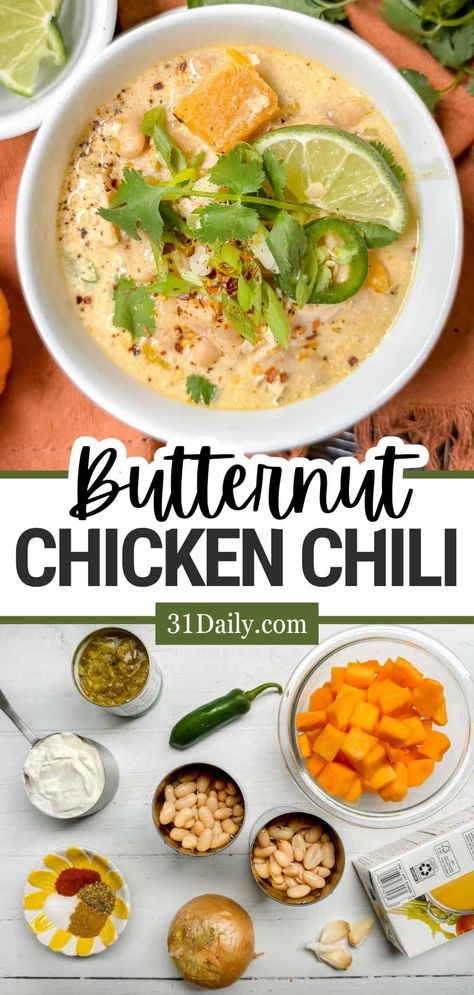 Warm up with a bowl of Butternut White Chicken Chili. Creamy, flavorful, and packed with protein and veggies, it's comfort food everyone will enjoy. White Chicken Chili Creamy, White Chicken Chili Soup, Savory Soup Recipes, Soup Swap, White Chicken Chili Healthy, Pumpkin Chili Recipe, White Chicken Chili Recipe, Butternut Squash Chili, 31 Daily