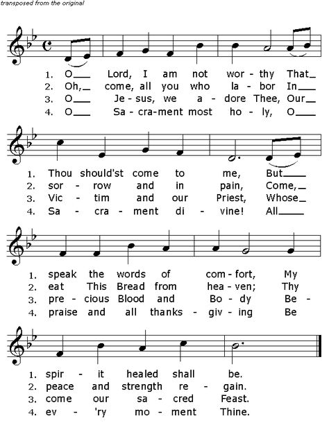 Traditional Catholic hymn English lyrics - O Lord I Am Not Worthy - classic reverent church choir songs song Catholic Hymns, Choir Songs, Hymn Sheet Music, Hymns Lyrics, Christian Song Lyrics, English Lyrics, Church Choir, Come To Me, Words Of Comfort