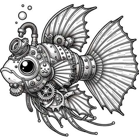 Steampunk Guppy Coloring Page- 4 Free Printable Pages Steampunk Octopus Drawing, Steam Punk Drawing, Steampunk Art Drawing, Steampunk Coloring Book, Steampunk Patterns, Steampunk Coloring, Free Adult Coloring Printables, Octopus Drawing, Steampunk Animals