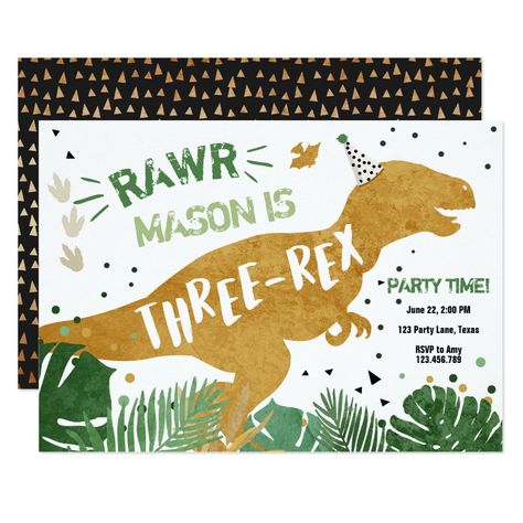 Dinosaur T Rex Three Rex Rawr Gold Boy Birthday Invitation #birthdayinvitations #birthday #1stbirthdayinvitations #quinceanerainvitations #birthdayinvitationstemplate #birthdayinvitationcard #disneybirthdayinvitations #zazzle #zazzleinvitation Boy Birthday Invitations, Quinceanera Invitations, 1st Birthday Invitations, 7th Birthday, Zazzle Invitations, T Rex, Boy Birthday, Invitation Cards, Birthday Invitations