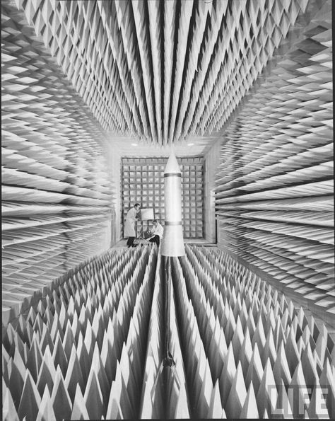 Ralph Morse: Anechoic Chamber, 1963. Life. Anechoic Chamber, Atomic Space Age, Acoustic Design, Photo Report, Science And Nature, Old Pictures, School Design, Geometric Shapes, Home Remodeling