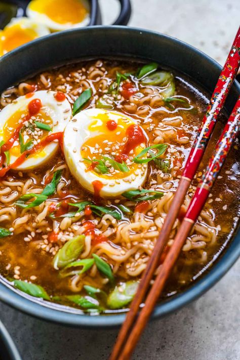 Easy Spicy Ramen recipe with a rich homemade spicy broth and instant noodles. A quick and delicious bowl of ramen soup in about 15 minutes! Pioneer Woman Ramen Pho, Beef Ramen Noodle Recipes Easy Soup, Jinya Ramen Recipe, Spicy Asian Noodle Soup, Spicy Ground Pork Ramen, Jinya Ramen Recipe Copycat, Spicy Chicken Ramen Noodle Recipes, Ramen Noodle Recipes Spicy, Spicy Ramen Broth