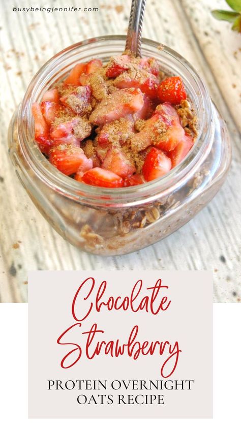 Give your mornings a magical touch with this delicious Chocolate Strawberry Protein Overnight Oats Recipe! Its the perfect way to start your day and the whole family will love it. Plus, it's easy to whip up and makes eating breakfast every morning much easier - reach into the fridge, grab a jar, and you're ready to go! Try this recipe today for a magical start to your day! Strawberry Protein Overnight Oats, Protein Overnight Oats Recipe, Apple Cinnamon Overnight Oats, Cinnamon Overnight Oats, Chocolate Protein Smoothie, Strawberry Overnight Oats, Breakfast Oats, Protein Overnight Oats, Strawberry Protein