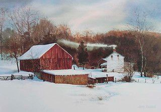 Winter Woodsmoke | " Winter Woodsmoke ", Unframed image size… | Flickr Snow Canvas Painting, Farm Scene Painting, Winter Scene Paintings, Wooden Barn, Barn Painting, Rural Scenes, Winter Painting, My Art Studio, Long Island City