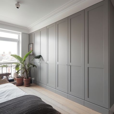 Grey Fitted Wardrobes Bedroom, Grey Closet Bedroom, Long Wardrobe Design, Built In Wardrobe Around Bed, Grey Fitted Wardrobes, Fitted Wardrobe Ideas, Wardrobe Layout, Grey Closet, Gray Closet