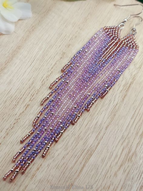 Purple Fringe Earrings, Purple Beaded Fringe Earrings, Purple Angel, Purple Fringe, Fringe Beaded Earrings, Beaded Fringe Earrings, Native American Beaded Earrings, Bracelet Craft Diy, Long Fringe