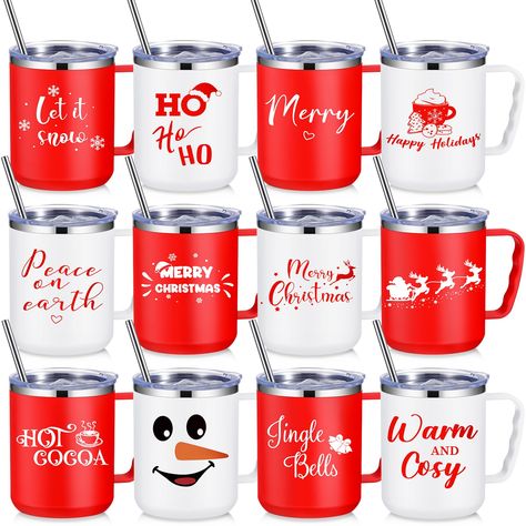 PRICES MAY VARY. Thank You/Inspirational Mugs: you will receive 12 pieces of Christmas stainless steel mugs with handle, lids, straws and straw brushes in red and white colors, the rich colors and rich contents make our set a classic and exquisite combination, can meet your daily use and replacement needs Reliable Material: insulated coffee mug 17 oz adopts vacuum double insulation, the outer layer is made of quality PP plastic, the inner layer is made of 304 stainless steel material, safe, stro Simple Holiday Gifts For Coworkers, Christmas Coffee Gifts Ideas, Gift Sets For Christmas, Personalized Christmas Gifts For Family, Christmas Cup Cricut, Christmas Mugs Ideas, Gift Ideas For Staff Christmas, Volunteer Christmas Gifts Church, Small Coworker Christmas Gifts