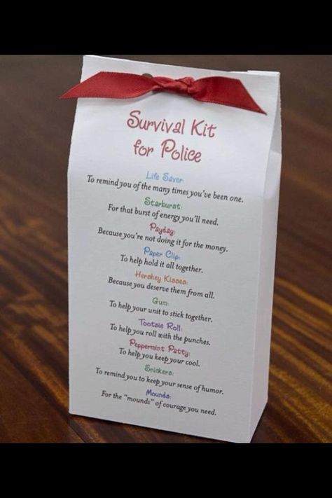 Nice little gift to show appreciation for police officers you know. This would make a great project for elementary school kids to give  officers in their community. Secretary's Day, Wire Whisk, Nurses Day, Staff Appreciation, Service Projects, Hershey Kisses, Survival Kit, Survival Tips, Appreciation Gifts