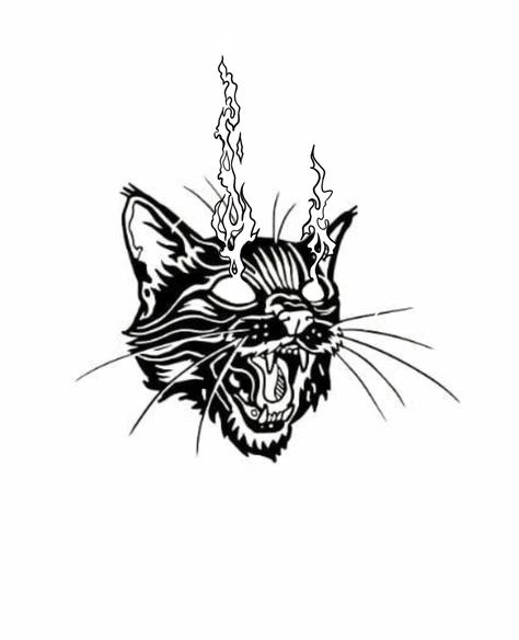 Black Cat Hissing Tattoo, Retro Vintage Tattoo, American Traditional Tattoos Black Cat, Traditional Cat Head Tattoo, Emo American Traditional Tattoos, Black Work Cat Tattoo, Black Cat American Traditional Tattoo, Edgy Cat Tattoo, Mostly Black Tattoo