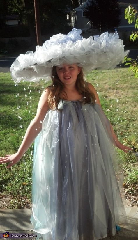 This is my 11 year old dressed as a rain cloud. Her dress is actually the skirt portion of an adult's gown, I found in the second hand store, made in a beautiful silver fabric. I covered it in irredessant scarfing in grey...with blues towards... Rain Cloud Costume, Rain Costume, Cloud Fashion, Cloud Costume, Karneval Diy, Creative Halloween Costumes Diy, Halloween Costumes For Work, Rain Dress, Costume Works