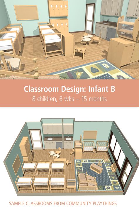 This layout design for an Infant classroom includes a protected napping area, a carpeted play area, cubbies, and separate feeding and diapering areas. Click through to view the labeled floor plan and 3-D rendering, plus a complete pricelist, so you can purchase furniture for a whole room or pick and choose ideas. Visit our “Classroom Layout Designs” board to explore more! Home Daycare Layout Floor Plans, Daycare Facility Design, Infant Classroom Design, Daycare Center Interior Design, Daycare Center Layout Floor Plans, Daycare Design Ideas Classroom Decor, Childcare Centre Design, Montessori Infant Classroom Layout, Small Daycare Floor Plans