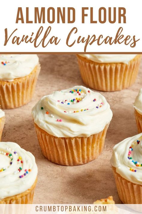 Almond flour cupcakes topped with cream cheese frosting and sprinkles and arranged on a beige surface. Gluten Free Cupcakes Easy, Almond Flour Cupcakes, Almond Flour Desserts, Sugar Free Cupcakes, Gluten Free Cupcake Recipe, Dairy Free Cupcakes, Gluten Free Cupcakes Vanilla, Cupcakes Vanilla, Almond Flour Cakes