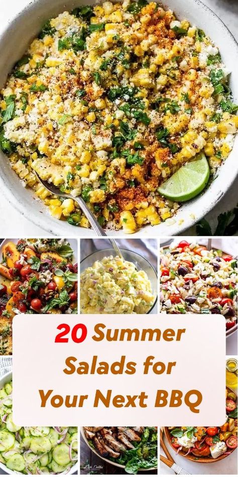 Beat the heat with these refreshing summer salad recipes, perfect for your next backyard BBQ or potluck. From classic to unique, get inspired by 20 delicious salads to make your gathering a hit! Bbq Salads Summer, Side Salads For Bbq Summer Potluck, Sides To Take To A Bbq, Grilling Menu Ideas Summer, Easy Bbq Salads, Salad Ideas For Bbq, Salad To Go With Bbq, Salad To Go With Ribs, Salad For Bbq Party Side Dishes