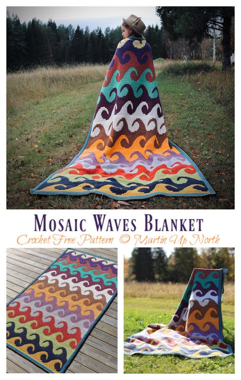 Mosaic Waves Blanket Crochet Free Pattern - Crochet & Knitting Knitting Waves Pattern, Mosaic Waves Pattern, Crochet Waves Blanket Free Pattern, Crochet Mosaic Blanket Free Pattern, Slouch Beanie Crochet Pattern, Crochet Wave Pattern, Wave Blanket, Mosaic Waves, Mosaic Knitting