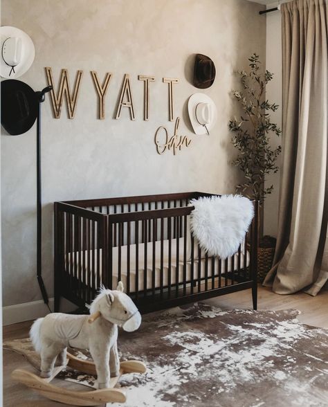 Modern Country Nursery, Black And Brown Nursery Boy, Black And Brown Nursery, Modern Western Nursery, Masculine Nursery, Toddler Cowboy Room, Black Furniture Nursery Western, Western Boy Nursery, Black And White Nursery