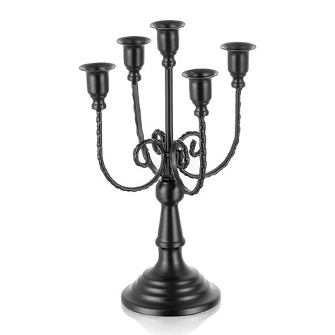 PRICES MAY VARY. Size : 5 Arm Metal candelabra Designed for 3 table centerpiece, 12 inch Tall, fit standard 0.87” taper candle Antique Candelabra: Taper candle holders hold 5 candles. It is traditional and classical style, elegant design with fine details Durable & Well Made: Candle stick holder is made of high-quality metal, welded well.The design of extended part of candle cup will prevent the wax dripping on the table. Great Addition for Any Occasion: the black candle holders fit Halloween pa Speakeasy Table Decor, Candle Antique, Wax Dripping, Halloween Candlesticks, Haunted Mansion Decor, Mansion Decor, Decor For Party, Mantel Christmas, Antique Candelabras