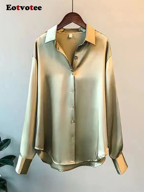 Eotvotee Office Satin Blouse Women Button Turn Down Fashion Collar Up Shirt Female Long Sleeve Button Up Shirt Women, Korean Office, Tops Korean, Elegant Ladies, Ladies Tops, Women Long Sleeve Tops, Winter Tops, Satin Blouse, Elegant Shirt