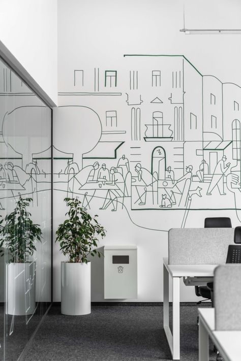 Promodo Offices - Kyiv | Office Snapshots Hot Desk, Office Wall Graphics, Office Graphics, Office Mural, Office Wall Design, Industrial Office Design, Plants Wall, Office Area, 3d Studio