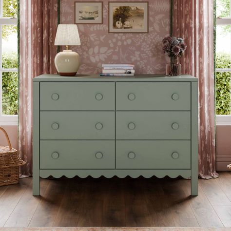 daVinci Sammy Scallop 6-Drawer Dresser | Wayfair Baby Nursery Dresser Changing Table, Nursery Drawer Knobs, Dresser At End Of Bed, Green And Pink Baby Room, Penelope Nursery, Scalloped Furniture, Baby Changing Dresser, Kids Room Dresser, Antique Baby Nursery