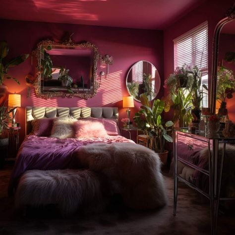 Dark Color Room Ideas, Hot Pink Room Ideas Bedrooms, Cool Bedroom Ideas For Teens, Girl Cave Ideas, Dark Pink Bedroom, Big Bedroom Ideas Aesthetic, 70s Bedroom Aesthetic, Girly Bedroom Ideas For Women, Women Cave Ideas