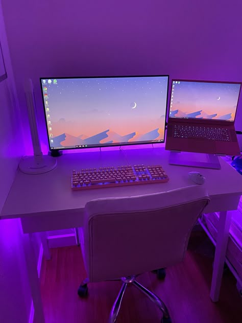 Pc Set Ups, Gaming Set Ups, Set Up Gamer, Gaming Setup Ideas, Gaming Desk Setup, Neon Bedroom, Game Setup, Computer Gaming Room, Dream Setup