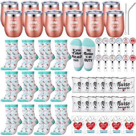 PRICES MAY VARY. Grateful Gifts Sets for Nurse: you will receive 12 nurse appreciation gifts sets, including 12 stainless steel 12oz wine tumblers with lids and straws, 12 nurse thank you cards, 12 pairs of nurse socks, 12 badge holder reels in 6 styles, 12 nurse survival kits, show your appreciation for nurses with this nurse gifts set Classic Nursing Theme Design: these nursing theme present baskets are designed with a variety of warm words and cute nurse themed patterns, stylish and exquisite Nurses Week Gift Ideas, Grateful Gifts, Nurse Week Gifts, Novelty Christmas Gifts, Nurse Socks, Gifts Sets, Nurse Week, Nurses Week Gifts, Gifts Set