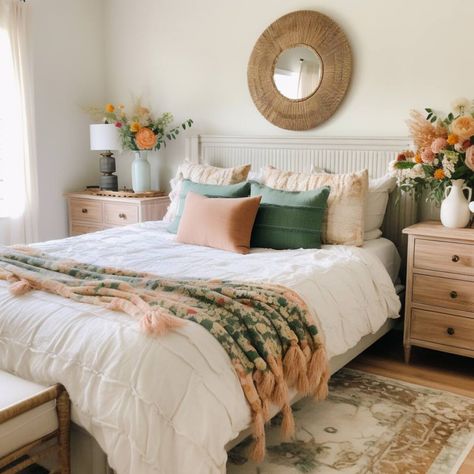 Apartment Room Themes, Cream Bedroom Ideas Boho, Neutral Bedroom With Pop Of Color Boho, Pastel Farmhouse Bedroom, Bedroom Decor Ideas For Women Boho, Moms Room Ideas Bedrooms, Boho Bed Spread, Carpeted Bedroom Decor, Girly Guest Bedroom