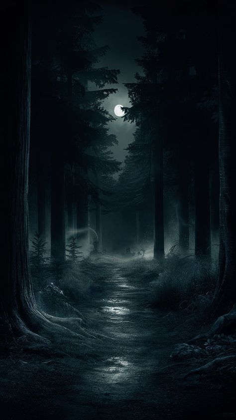 Explore a surreal, dark forest at night, where shadowy trees and ethereal mist create an enigmatic, deep ambiance. Perfect for wallpaper enthusiasts and nature lovers. Dark Rainy Forest Wallpaper, Spooky Forest Wallpaper, Dark Forest Aesthetic Wallpaper, Dark Forest Aesthetic Night, Night Forest Wallpaper, Forest Cryptid, Dark Forest Landscape, Dark Forest Painting, Dark Fantasy Forest