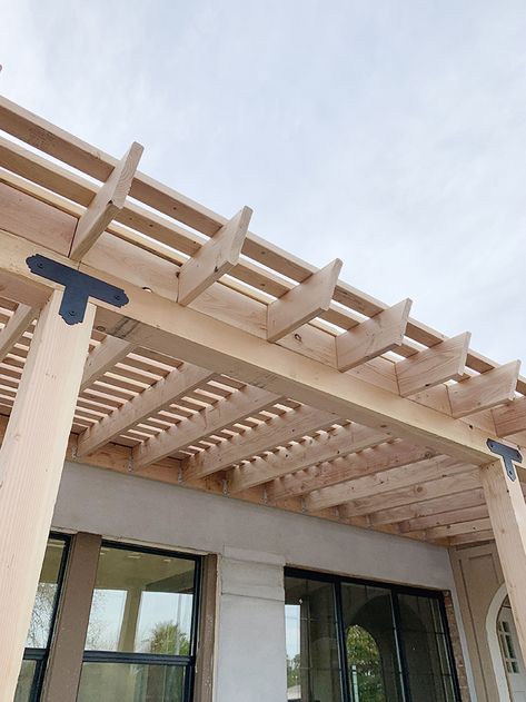 Evergreen House: Planked Fence and Porch Pergola - Jenny Komenda Front Porch Pergola, Jenny Komenda, Porch Pergola, Evergreen House, Broken Concrete, Juniper Home, Build A Frame, Family Summer Vacation, Timber Roof