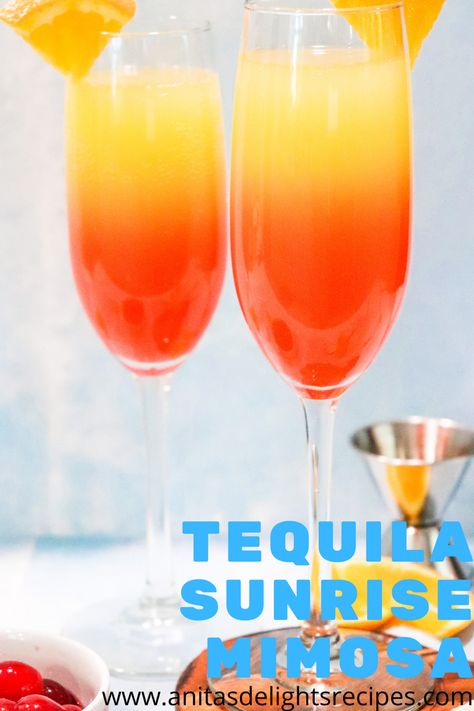 Tequila Sunrise Mimosa, Sunrise Mimosa, Fruity Summer Drinks, Cocktail Recipe Book, Mimosa Recipe, Cocktail Drinks Alcoholic, Best Tequila, Holiday Punch, Brunch Drinks