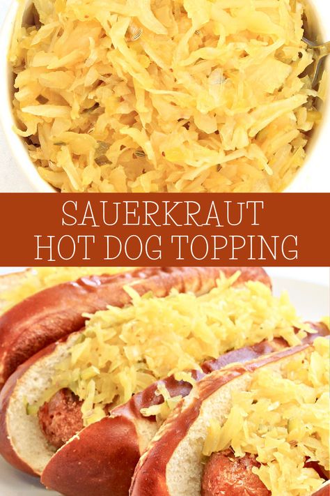 Sauerkraut Hot Dog Topping ~ 5 simple ingredients and 5 minutes are all you need for this quick and easy recipe! via @thiswifecooks Toppings For Hot Dogs, Hot Dogs And Sauerkraut, Oktoberfest Recipes, Veggie Hot Dog, Hot Dog Sauce Recipe, Hot Dog Chili Sauce, Hot Dog Sauce, Hot Dogs Recipes, Hot Dog Toppings