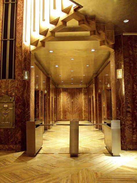 Entrance to elevators inside the Chrysler Building by *Bitch Cakes*, via Flickr Chrysler Building Interior, Vintage Elevator, Walking Nyc, Steam Pumpkin, Artdeco Interiors, Sky Scrapers, Ny Skyline, Deco Interiors, Building Interior