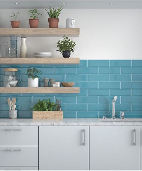 Metro Tiles Kitchen, Teal Tiles, Blue Kitchen Tiles, White Kitchen Cupboards, Modern Grey Kitchen, Teal Tile, Kitchen Splashback Tiles, Teal Kitchen, Topps Tiles