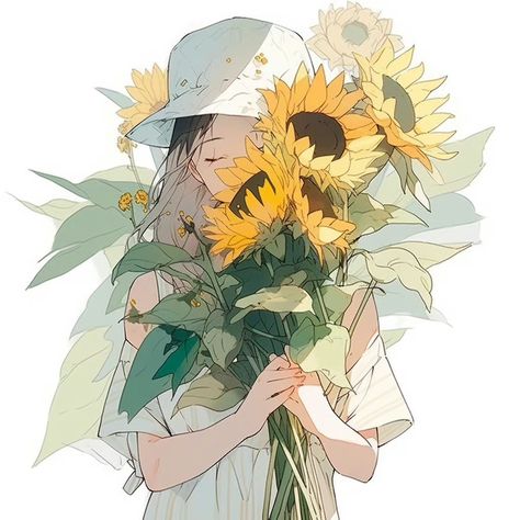 Anime Flower Sketch, Anime Holding Flower, Sunflower Drawing Wallpaper, Sunflower Character Design, Yellow Flowers Aesthetic Drawing, Anime Sunflower Wallpaper, Sunflower Anime Aesthetic, Anime Flower, Sunflower Drawing