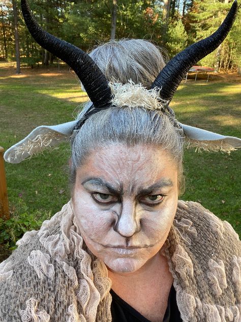 Silver hairspray, headband with felt goat ears, fur and horns hot glued on with some creepy old goat makeup. #halloween #costumes #diyhalloweencostumes #oldgoat #goat #funnyhalloweencostumes #thedeckerator Goat Halloween Costume, Capricorn Costume, Goat Makeup, Felt Goat, Sound Of Music Broadway, Faun Makeup, Makeup Halloween Costumes, Goat Ears, Goat Costume