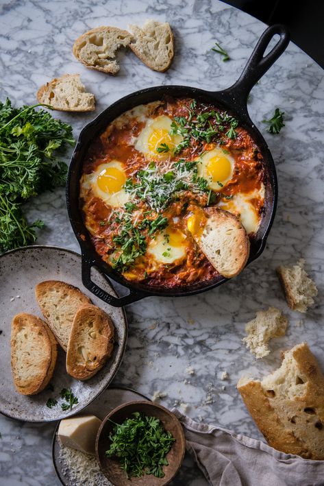 Gochujang Eggs, Shakshuka Eggs, Eggs In Purgatory, Spicy Tomato Sauce, Red Bowl, Healthy Breakfast Ideas, Brunch Ideas, Iron Skillet, Favorite Kitchen