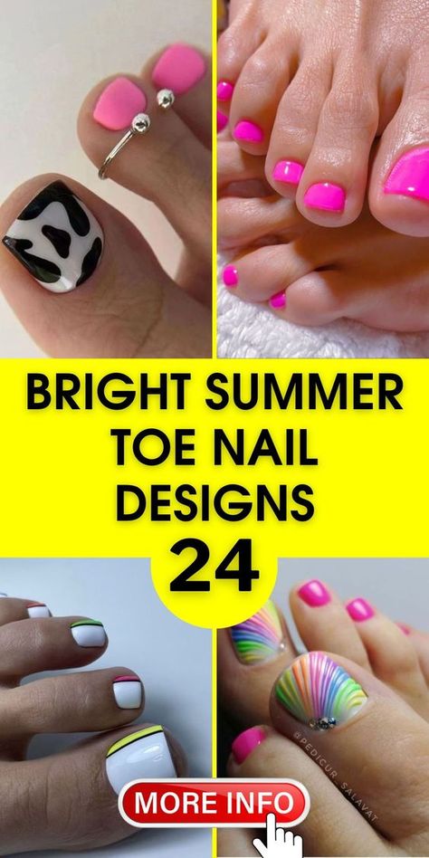 Elevate your summer style with bright summer toe nail designs. Choose neon colors for a bold look or toenails pedicure ideas simple for a subtle touch. Perfect for both short art ideas 2024 and long acrylic enthusiasts. Summer 2024 Toe Nail Trends, Rainbow Toe Nail Designs, Toenail Colors 2024, Summer Nails Toes Pedicures, Best Toe Nail Color Summer, Neon Pedicure Toenails, Pedicure Colors Spring 2024, Summer Toe Nail Colors Pedicures 2024, Summer Toes Nails