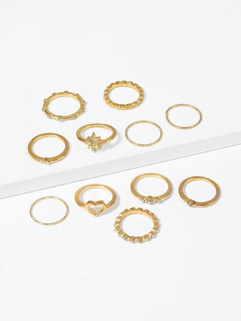 Shein Rhinestone Engraved Ring Set 10pcs Engraved Ring, Rhinestone Decor, Metal Models, Cool Names, Engraved Rings, Teen Girls, Gold Style, Ring Set, Ring Sets