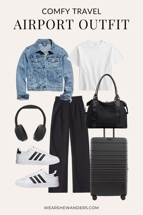 Sport Travel Outfit, Travel Jeans Outfit, Outfits For Sightseeing, Airport Outfit Comfy Travel Style, Classy Airport Outfit, Outfits For Traveling, Airport Outfit Comfy, Matching Loungewear Set, Casual Travel Outfit