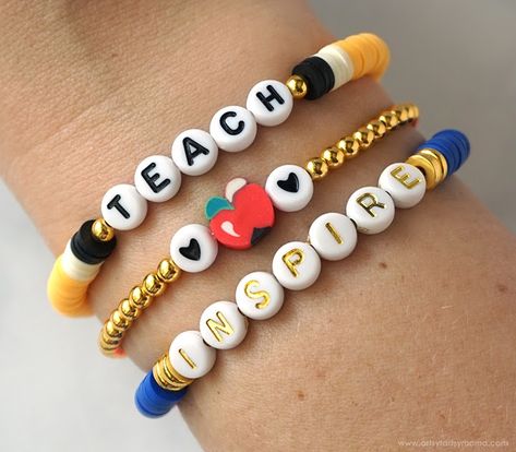 Bracelet Set Ideas, Teacher Back To School Gifts, First Day Of School Teacher, Teacher Bracelet, Teacher Gift Ideas, Heishi Bracelet, Teacher Back To School, Wood Bead Bracelet, Fun Bracelet