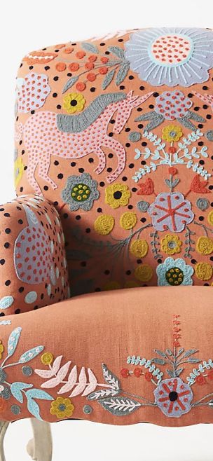 Embroidered Furniture, Anthropology Home, Embroidered Chair, Eclectic Dining Chairs, Home Ideas 2023, Couch Repair, Living Room Vibes, Embroidery Punch Needle, Swedish Home