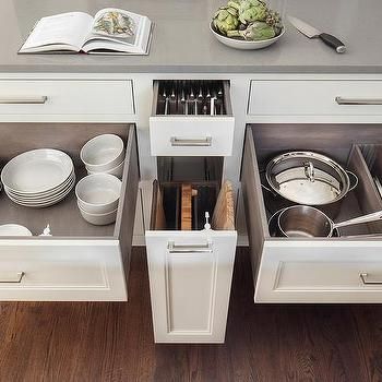 Custom Kitchen Drawer with Pot and Pan Lid Dividers - Transitional - Kitchen Custom Kitchen Drawers, Island Drawers, Crown Point Cabinetry, Shiplap Kitchen, Grey Kitchen Island, Kitchen New York, White Kitchen Island, Drawer Design, Transitional Kitchen