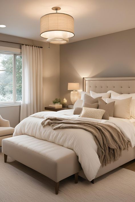 Calming Neutral Bedroom Colors, Light Brown Bedroom Ideas Cozy, Beige Brown And White Bedroom, Beige Bedroom Lighting, Room Neutral Colors Bedrooms, Cream And Light Brown Bedroom, Beige Room Color Palette, Light Beige Room Ideas, Cozy Bedroom Beige Walls