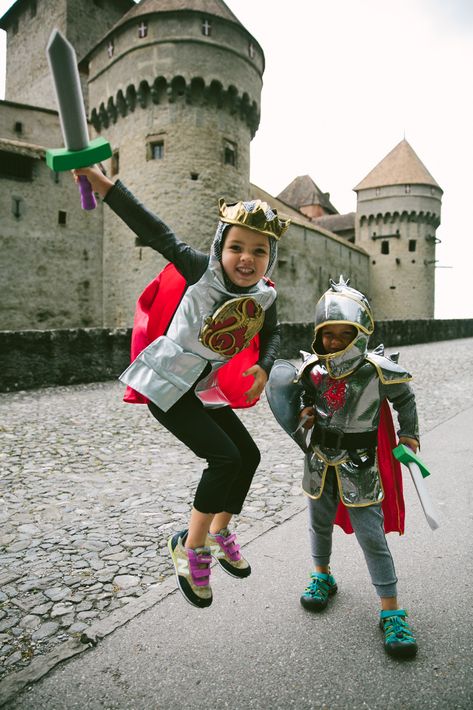 castles and knights and dragons in switzerland, oh my! Knight And Dragon Family Costume, Dragon And Knight Birthday Party, Dragon Kids Costume, Girls Dragon Costume, Knight Costumes, Kids Dragon Costume, Chillon Castle, Naomi Davis, Knights And Dragons