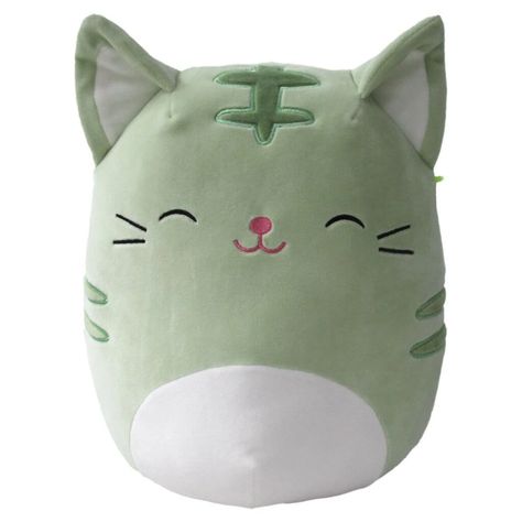 Chase the Cat is a green Squishmallow. Chase loves camping, canoes, and capture the flag. Every summer he goes on a trip with his Squishmallow Scouts group and they have a blast, last year it was Chase that found the opposing team’s flag! If you love the outdoors then Chase is the cat for you. Chase is a green tabby cat with a pistachio green body and darker stripes on his head and sides. He has a white belly and inner ears the same color. His nose and mouth are bright pink, framed by black whis Green Squishmallow, Cat Squishmallow, Wolf Shifter, Pillow Pals, Cute Squishies, Capture The Flag, Green Cat, Green Toys, Canoes