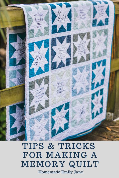 How to Make a Signature Memory Quilt - Homemade Emily Jane Signature Quilt Blocks, Signature Quilts Ideas, Wedding Guest Quilt, Guest Quilt, Guest Book Quilt, Wedding Guest Book Quilt, Blw Ideas, Friendship Quilt, Fat Quarter Quilt Pattern