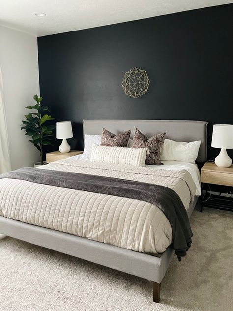 Bedding With Black Wall, Black Wall Grey Headboard, Black Accent Wall In Bedroom, Bedroom With Black Accents, Neutral Bedroom With Black Accents, Bedroom Grey Bed, Accent Wall In Bedroom, Black Accent Wall, Black Walls Bedroom