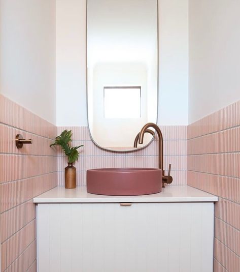 Mini Pink Kitkat: 284x295mm - Myaree Ceramics Bathroom Wainscoting Ideas, Modern Pink Bathroom, Colourful Bathroom, Nood Co, Peach Bathroom, Wainscoting Bathroom, Counter Basin, Red Lily, Concrete Basin