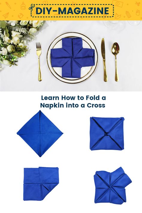 How to fold a napkin into a Cross Table Napkin Folding, Fold A Napkin, Fold Table, Fancy Cross, Paper Napkin Folding, Napkin Folds, Easter Napkins, Table Napkin, Cross Shape